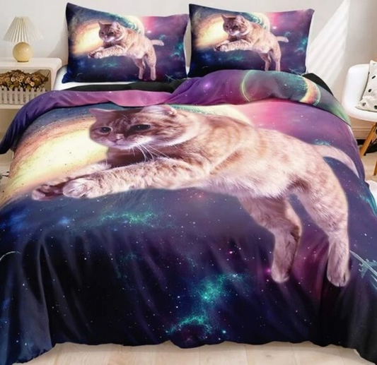 Housse de couette " Chat dans l'espace " avec taies d'oreiller