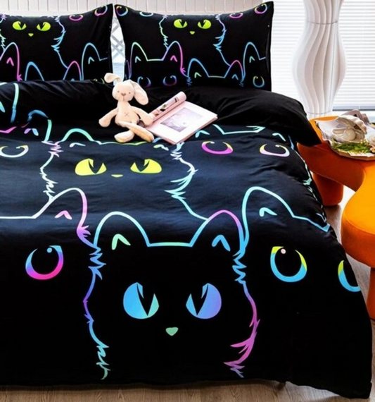 Housse de couette " Chats " noire et multicolore avec taies d'oreiller