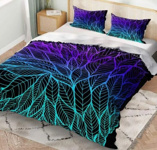 Housse de couette "Feuilles mauves et bleues" avec taies d'oreiller