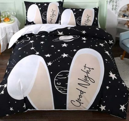 Housse de couette " Lapin " noire et blanche avec taies d'oreiller