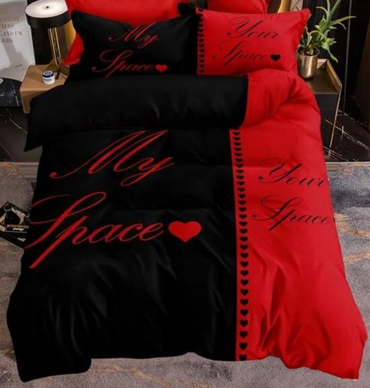 Housse de couette " My space , Your space " rouge et noire avec taies d'oreiller