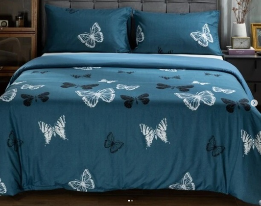 Housse de couette " Papillons fluorescents " bleue avec taies d'oreiller