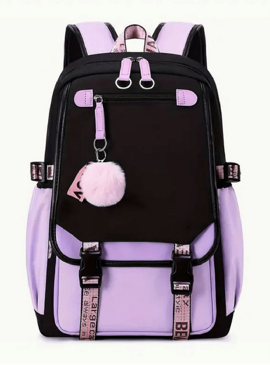 Sac à dos noir et mauve avec pompom