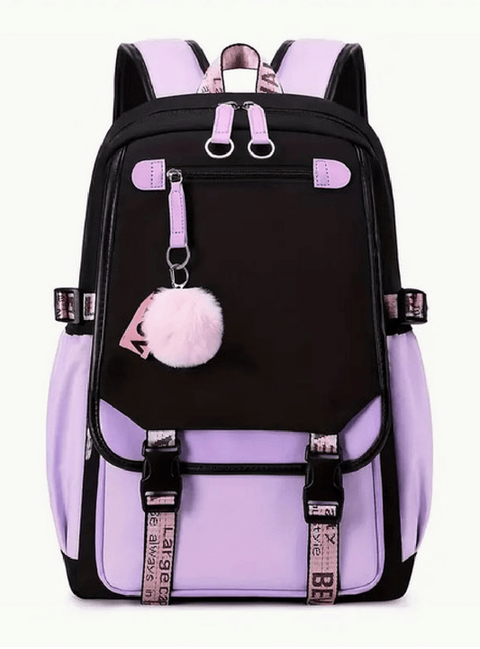 Sac à dos noir et mauve avec pompom