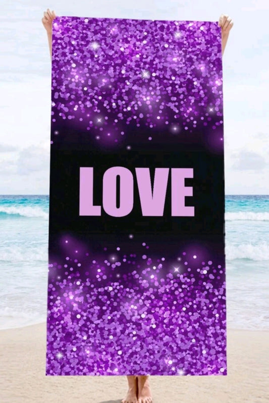 Serviette de plage noire et mauve "Love"
