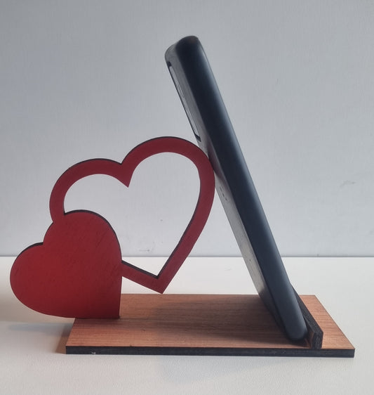 Support de smartphone en bois "1 petit coeur plein et 1 grand vide"