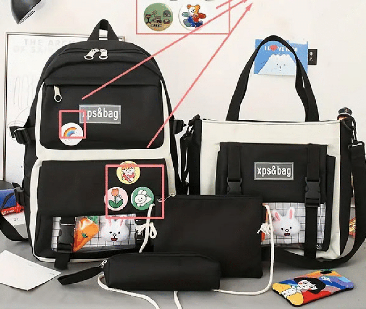 Ensemble de 4 sacs XPS & Bag + pins décoratifs