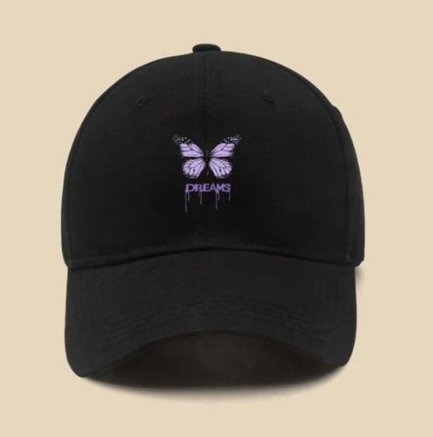 Casquette noire avec papillon mauve