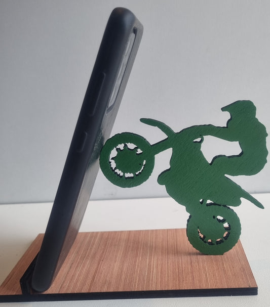 Support de smartphone en bois "Moto en wheeling"